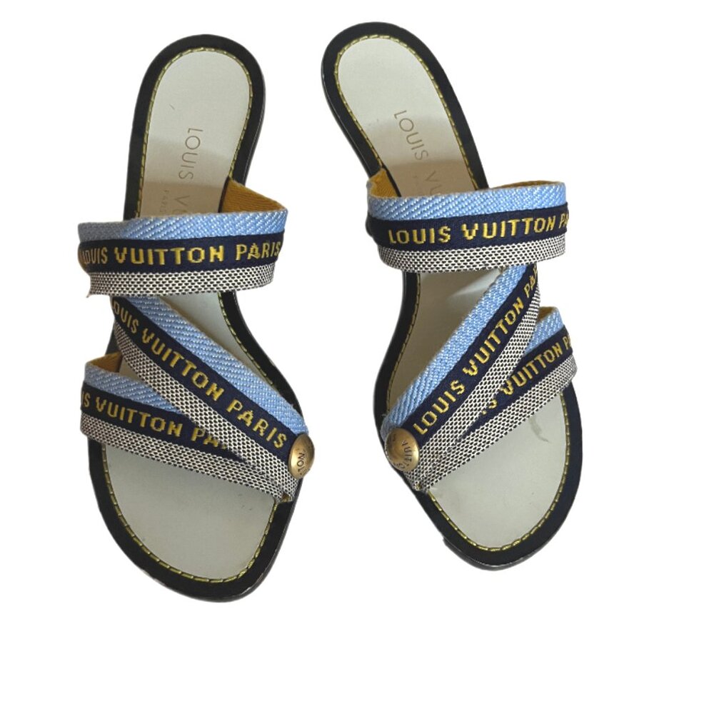 Louis Vuitton Paris Blue Canvas 3.5" Heeled Sandals Metal Logo Size 35/US size 5 - Picture 3 of 13